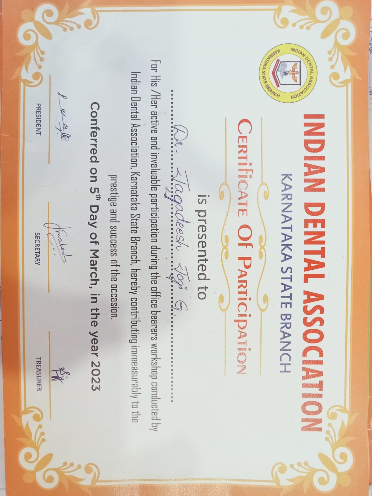Indian Dental Association Workshop Certificate
